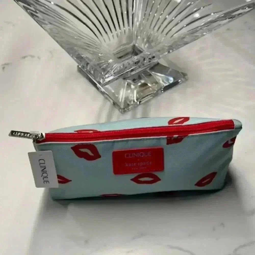 Kate Spade Clinique Blue Red Lip Cosmetic Makeup Bag NWT!